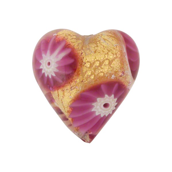 Rubino Millefiori Heart Gold Foil 20mm Murano Glass Bead 